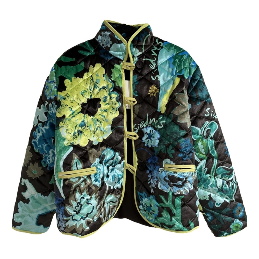 SIEDRÉS Dion Velvet Green and Blue Quilted Puffer Jacket with Floral Design